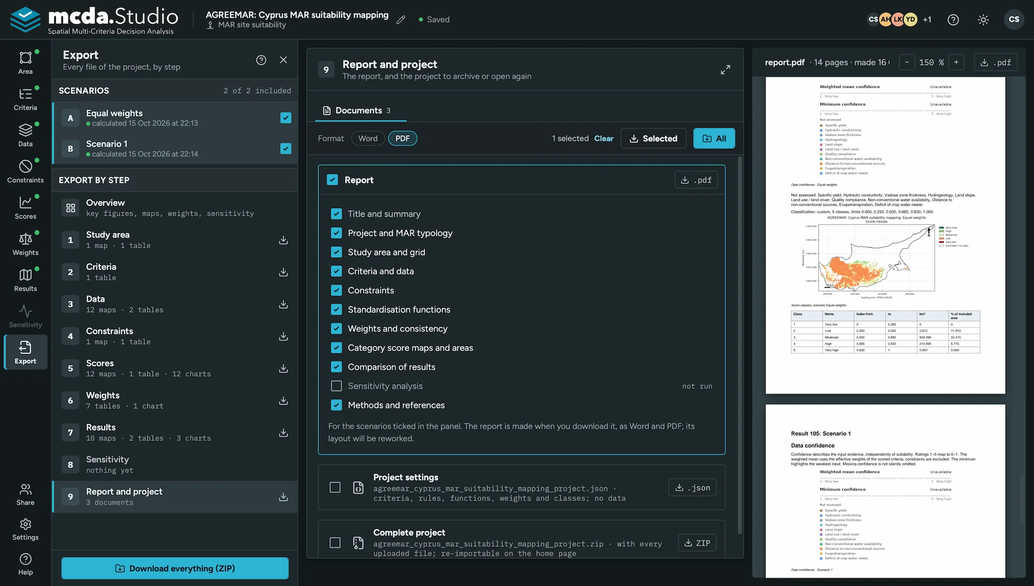 Report with a live preview, choosing the chapters to include, plus the project file