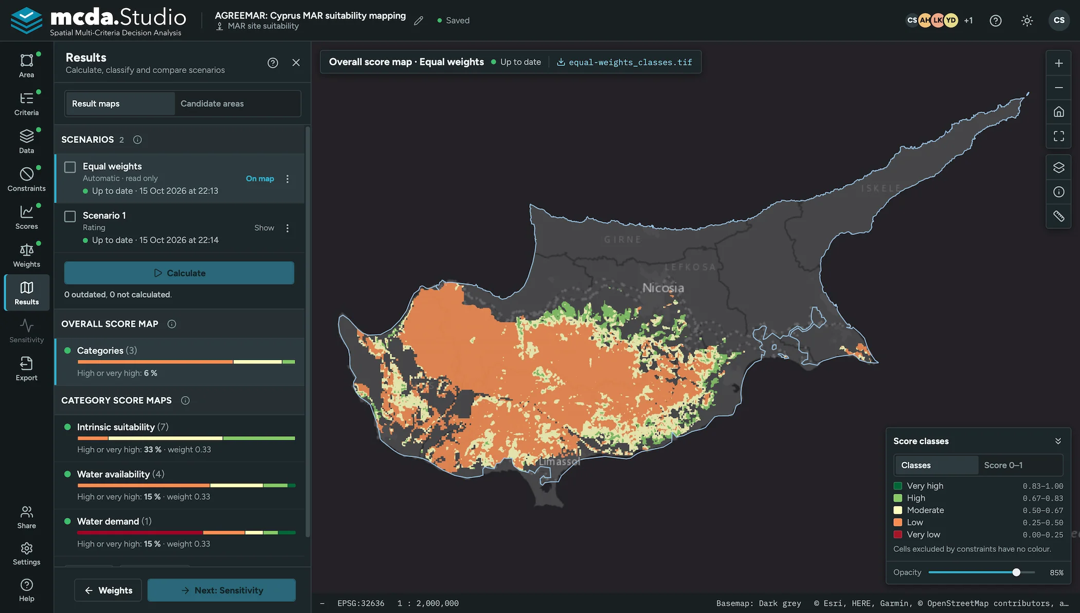 Overall score map of the equal-weights scenario, from very low to very high