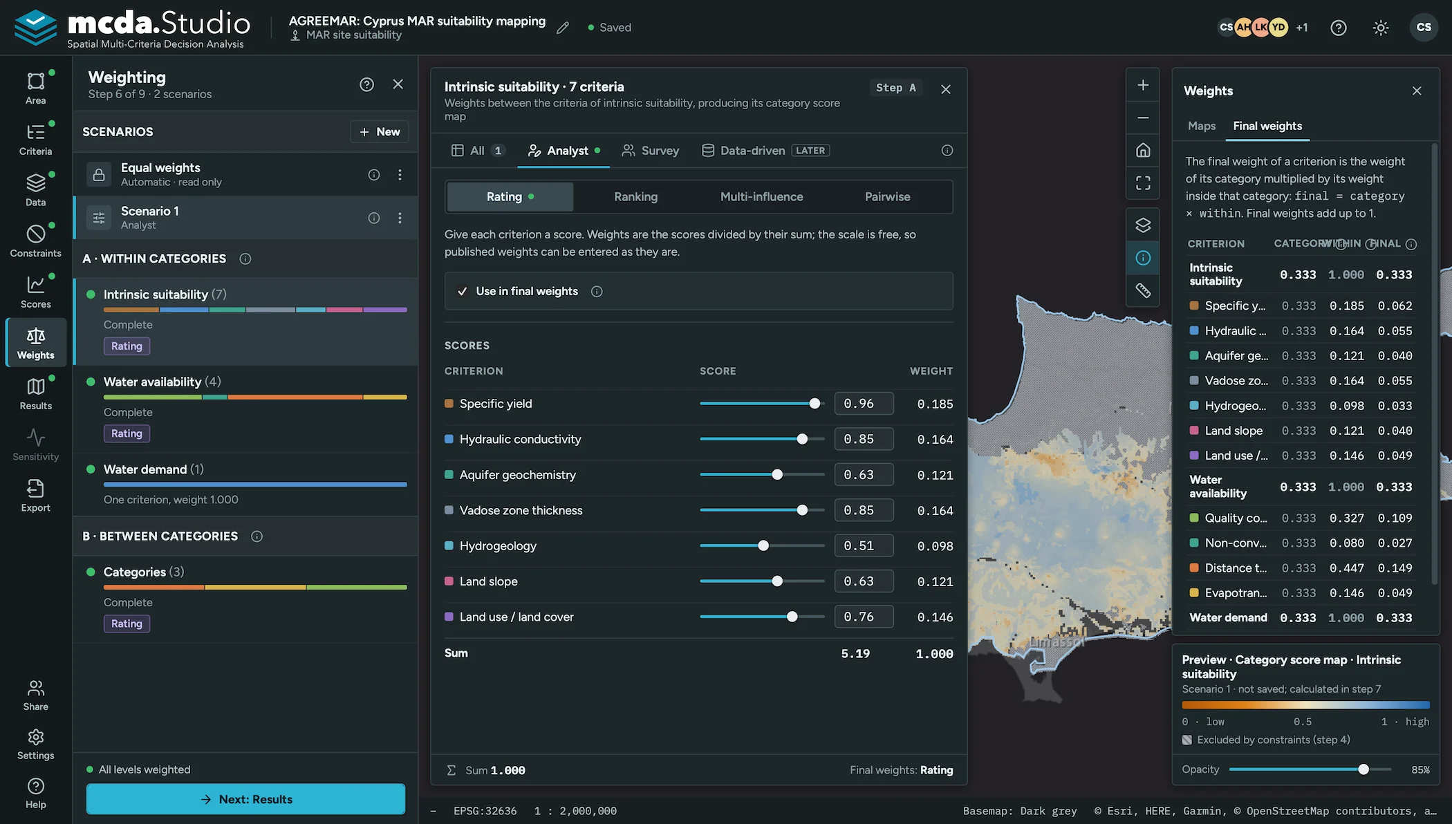 Rating the criteria of one category, with the final weights and a live map preview