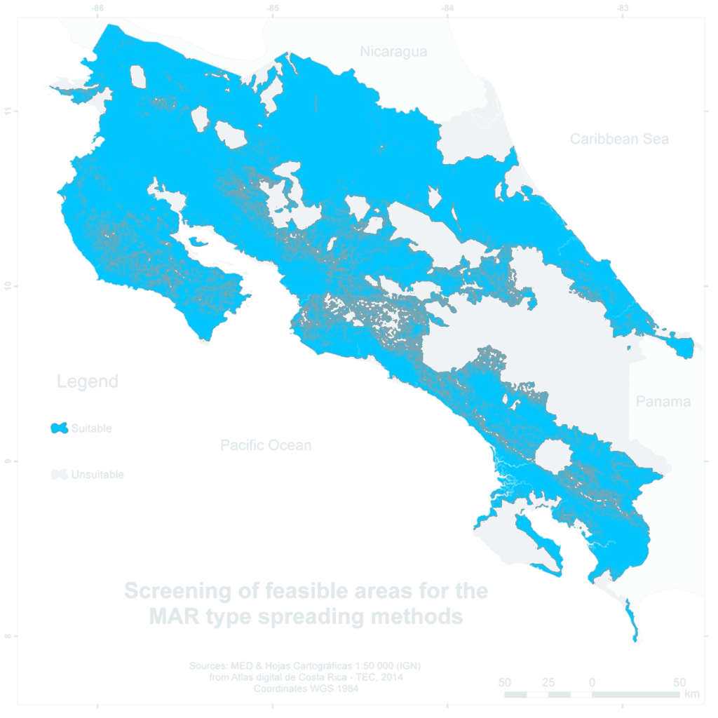 Map of Costa Rica with suitable areas in blue and excluded areas in grey