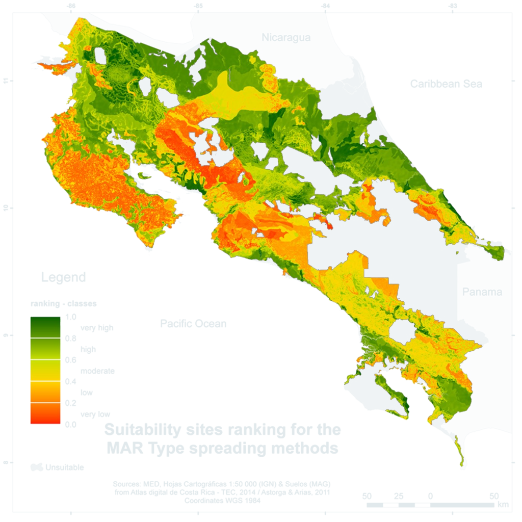 Suitability map of Costa Rica for MAR spreading methods, from red (very low) to dark green (very high), with excluded areas in grey